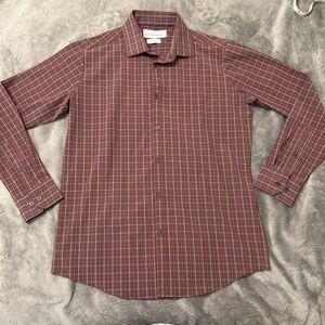 Mizzen + Main Shirt Men's Maroon Plaid Long Sleeve‎ Button Up Sz Medium Trim Fit